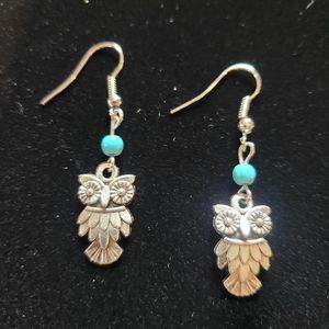 Silverplated OWL Turquoise Bead Hoop Dangle Drop Earrings Women Gift Cute Girls